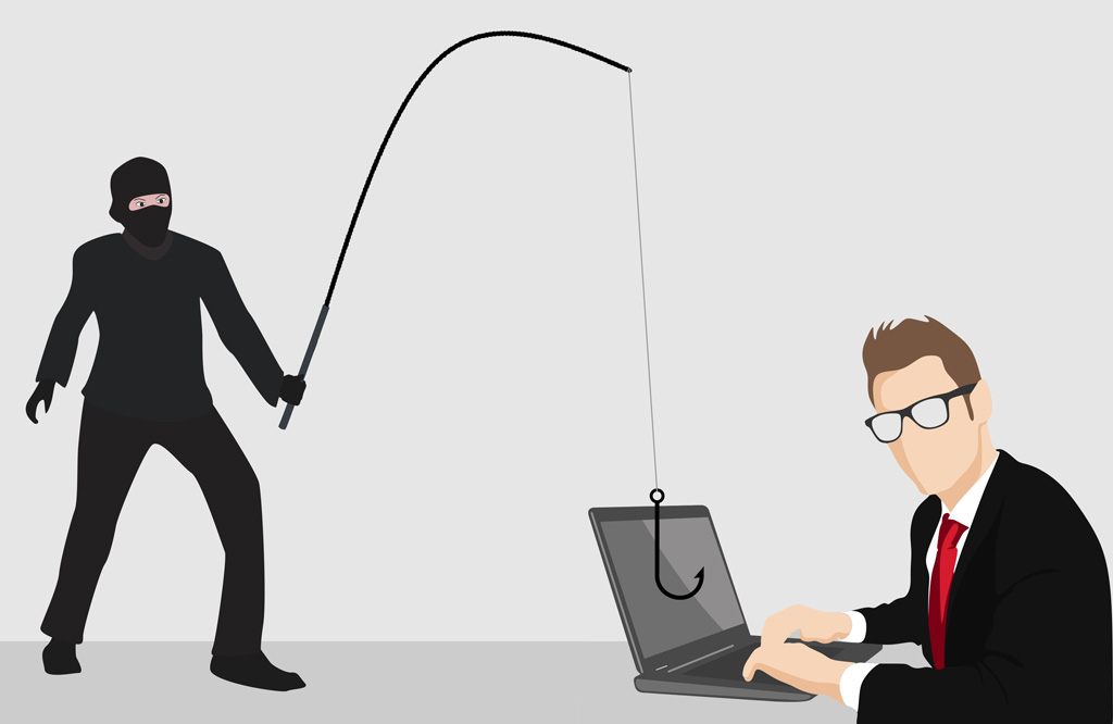 Identitätsdiebstahl Phishing: In einer Zeichnung angelt eine vermummte Gestalt am Notebook eines davor sitzenden Mannes nach Passwörter