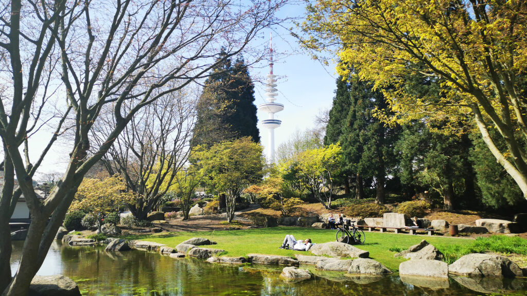 Planten un Blomen: Ansicht vom Wasser mit dem Fernsehturm im Hintergrund